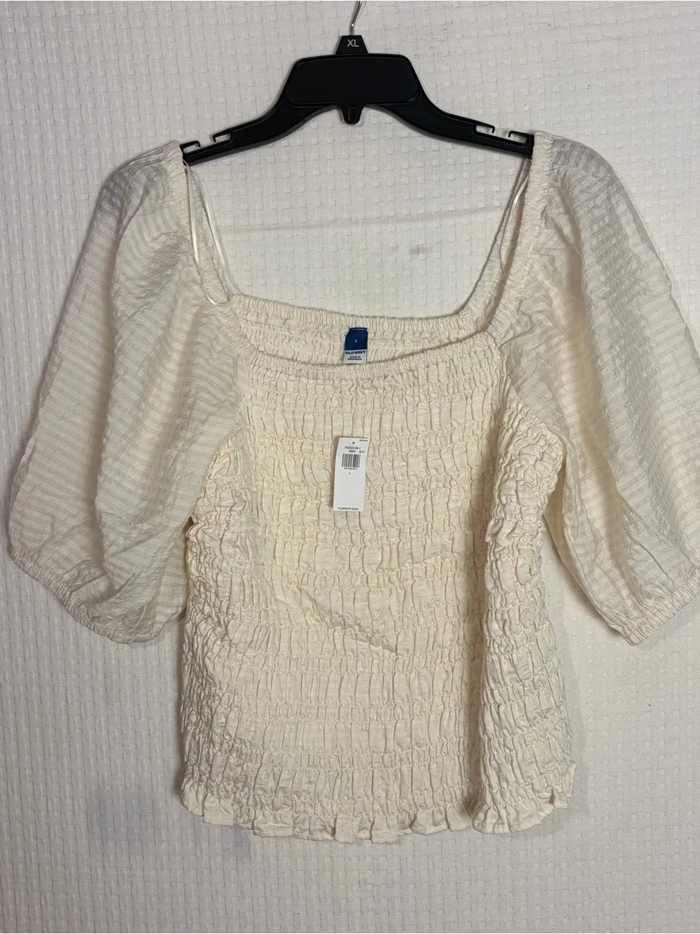 Old Navy Puff Sleeve Fitted Smocked Top Ivory Boho Casual Women’s Size L NEW
